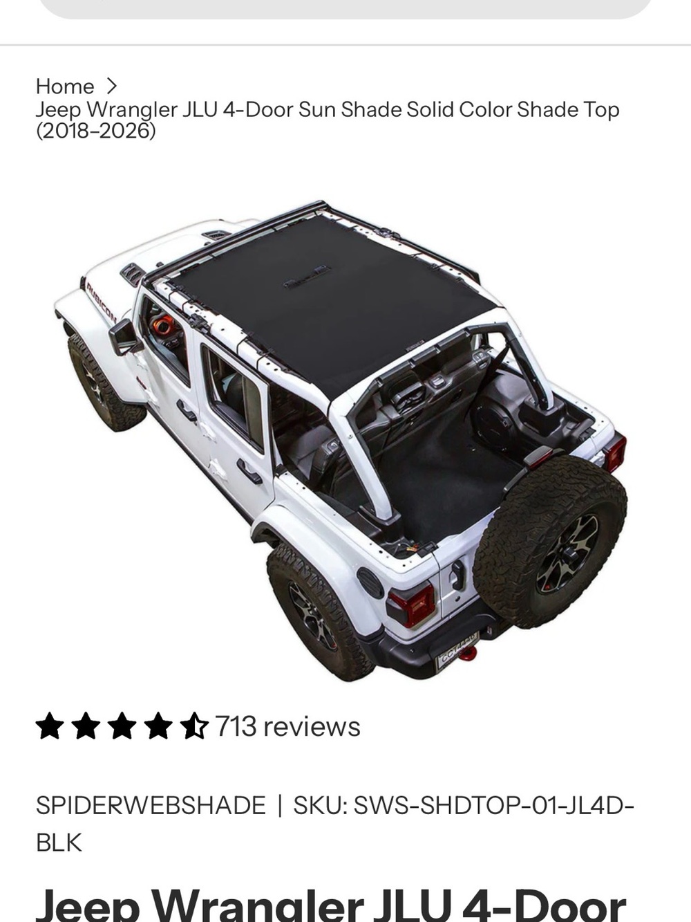 Jeep Wrangler 4 Door Shade Cover